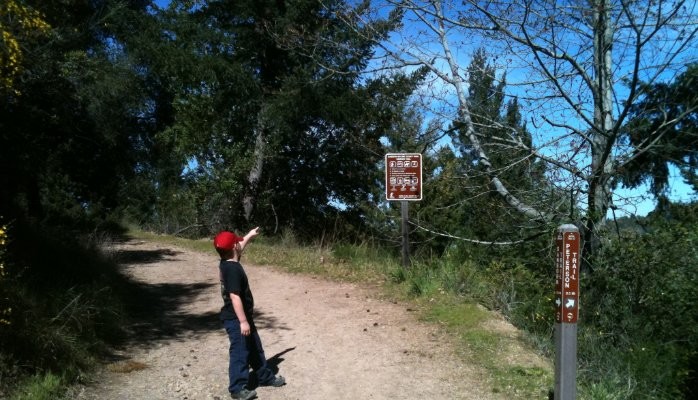 Boy pointing at a sign on a trail